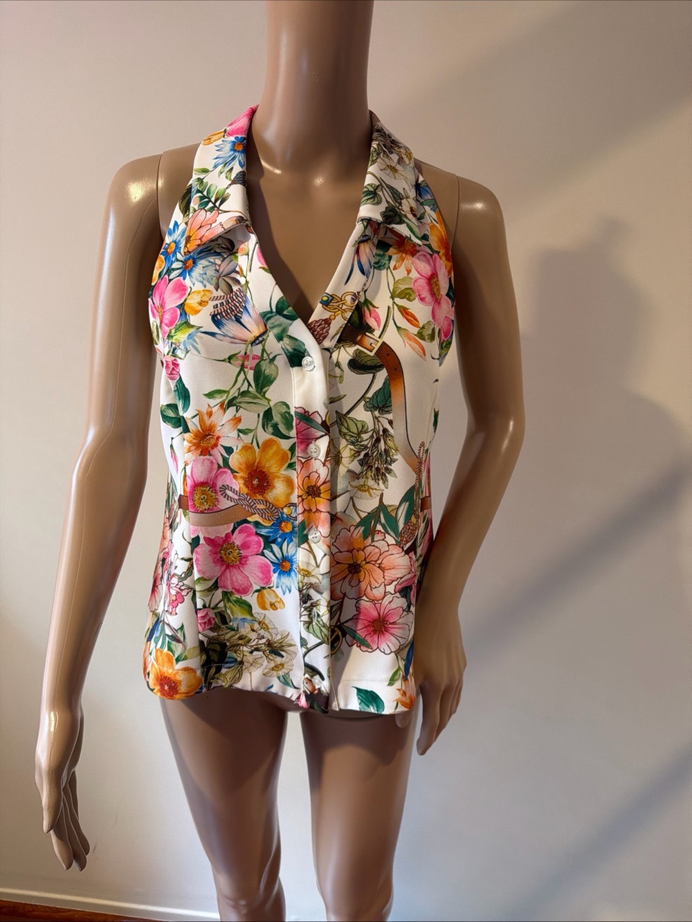 Drew Floral Sleeveless Button-Front Top - White/Pink Size M